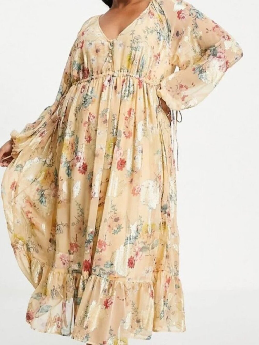 NWT ASOS Button Detail Yellow Printed Floral Metallic Jacquard Maxi Dress 12 L